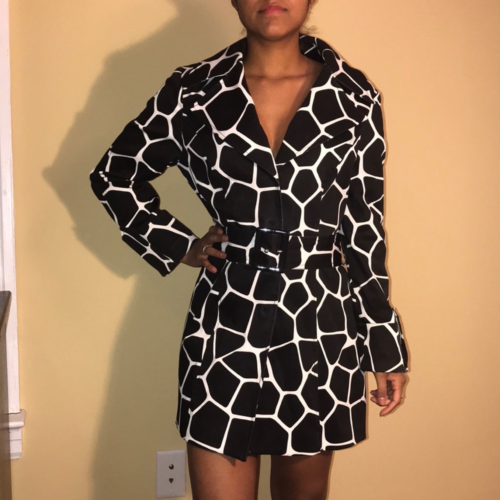 Giraffe print black and white trench coat